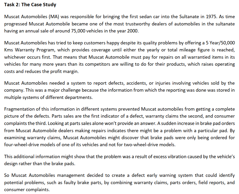 Task 2: The Case Study Muscat Automobiles (MA)