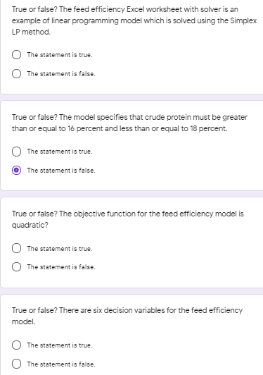 True or false? The feed efficiency Excel