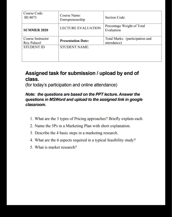 Course Code: BU4073 Course Name: Entrepreneurship