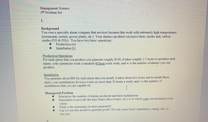 Management Science 20 Problem Set 1. Background