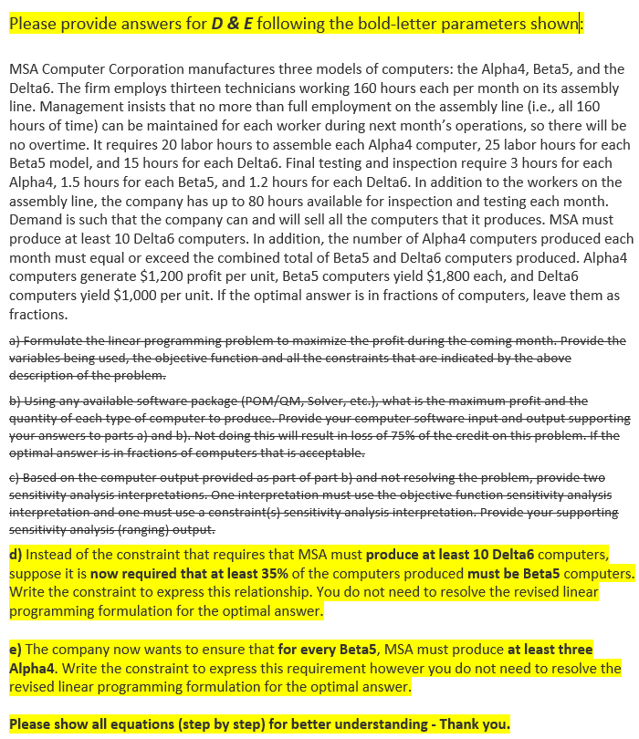 Please provide answers for D & E following the