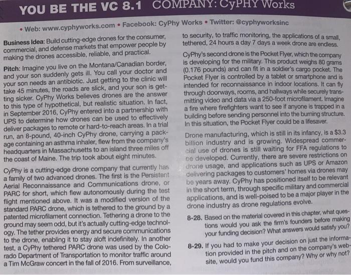 answer question 8-29 YOU BE THE VC 8.1 COMPANY: