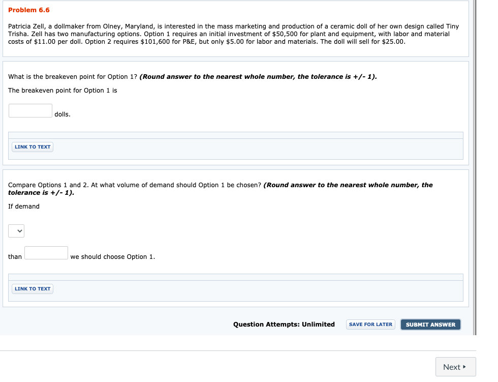 Problem 6.6 Patricia Zell, a dollmaker from