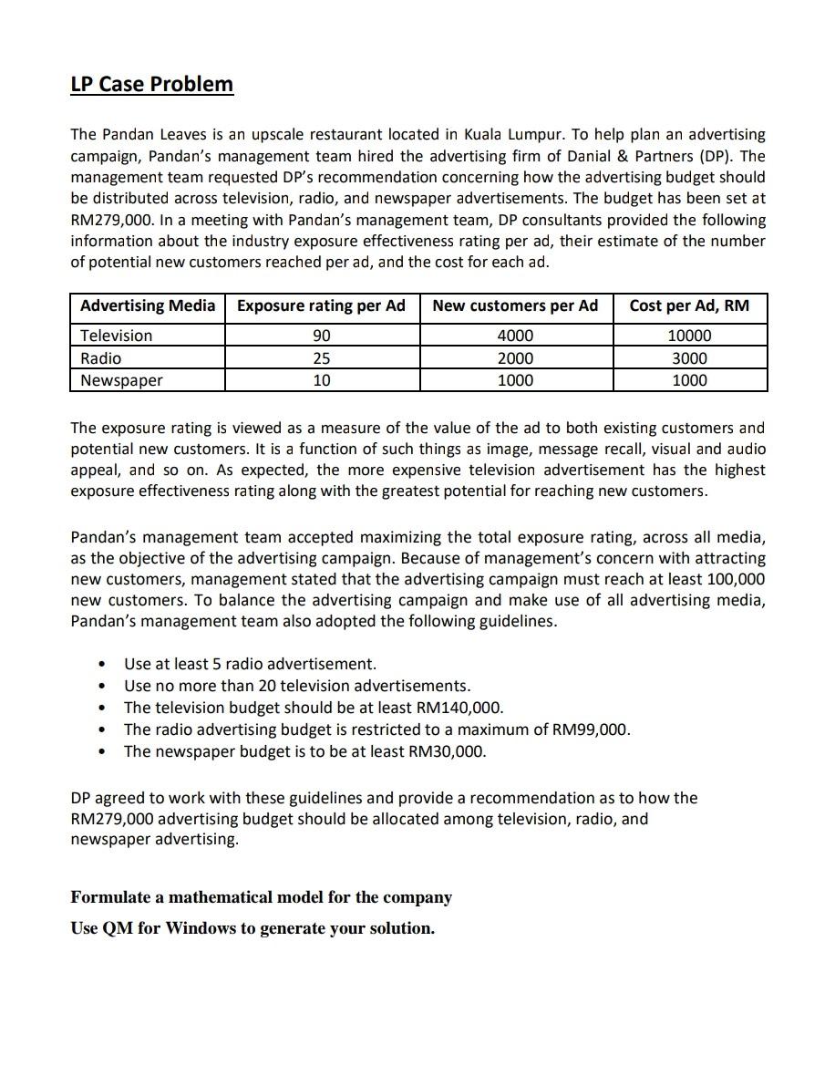 LP Case Problem The Pandan Leaves is an upscale