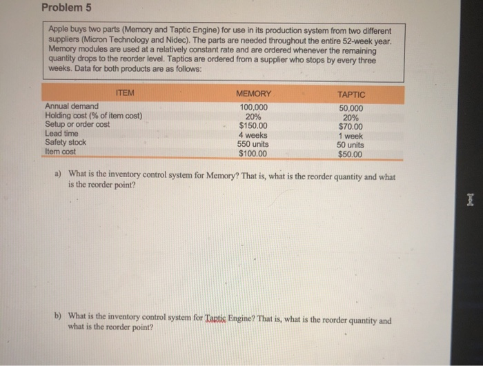 Problem 5 Apple buys two parts (Memory and Taptic