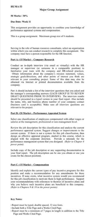 HUMA 53 Major Group Assignment So Marks/30% Due