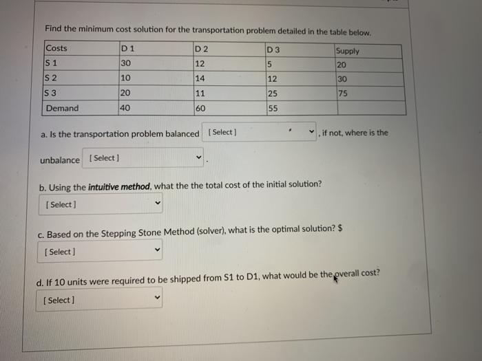 Find the minimum cost solution for the