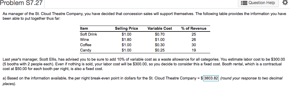 Problem S7.27 Question Help As manager of the St.
