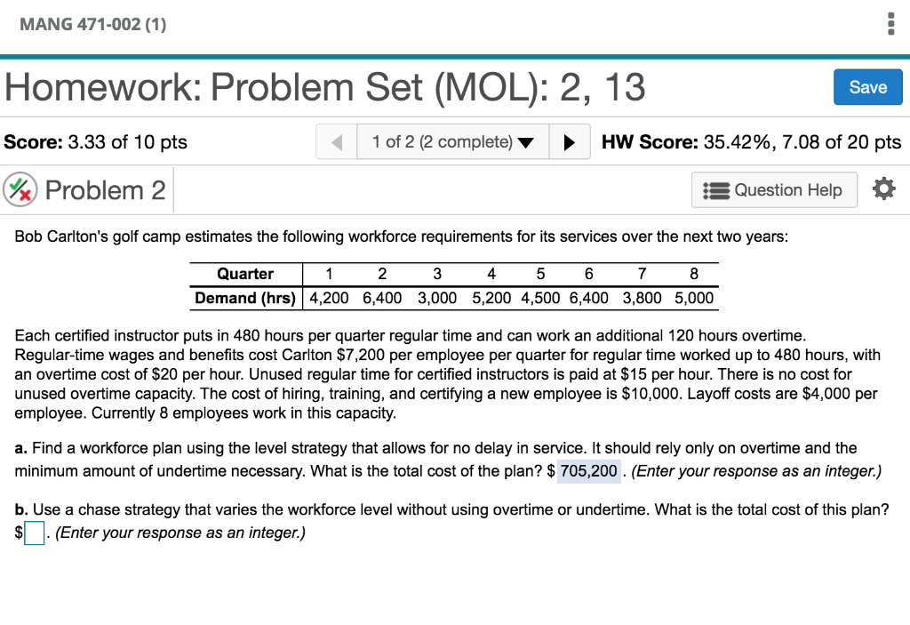 MANG 471-002 (1) Save Homework: Problem Set