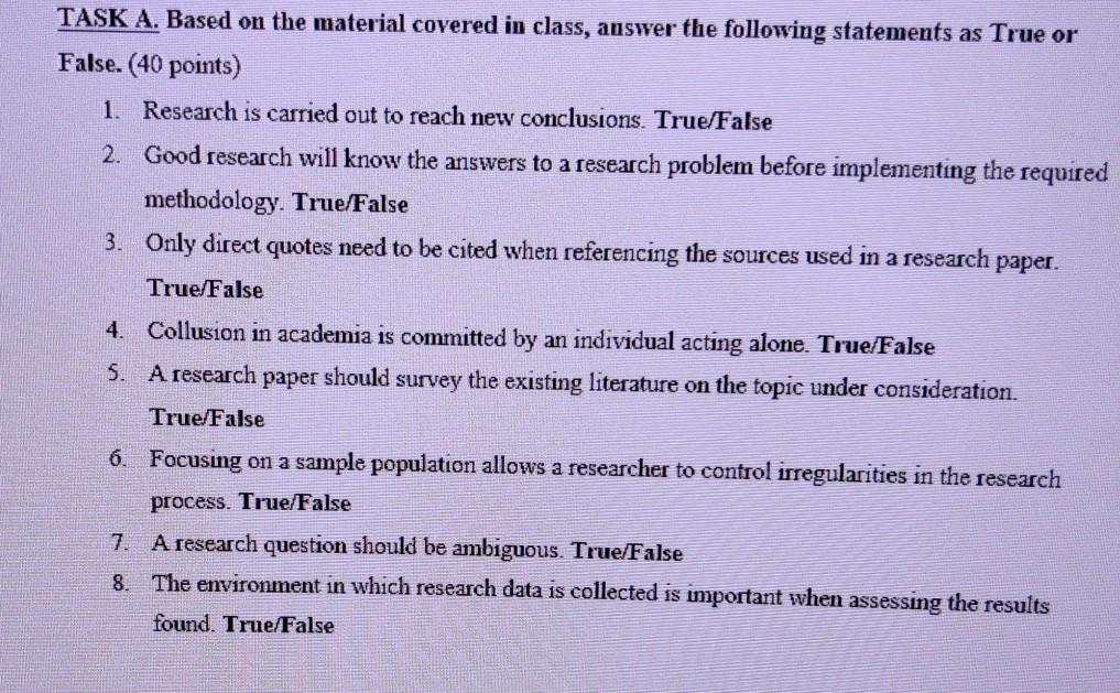 TASK A. Based on the material covered in class,