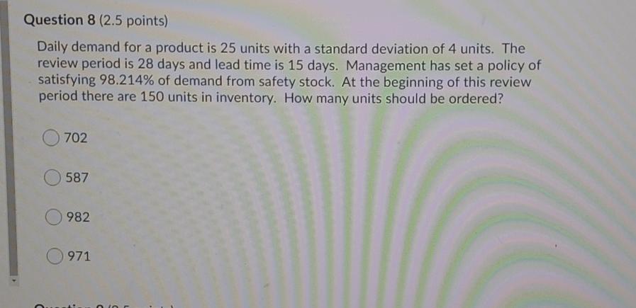 Question 8 (2.5 points) Daily demand for a