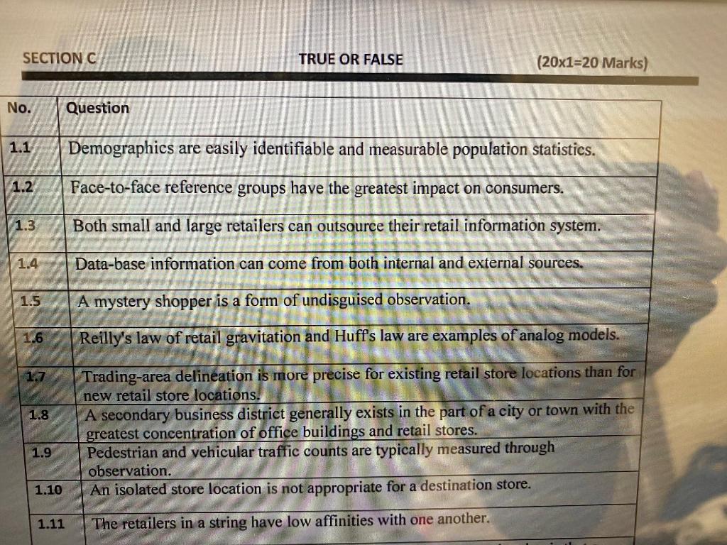 SECTION C TRUE OR FALSE (20x1=20 Marks) No.