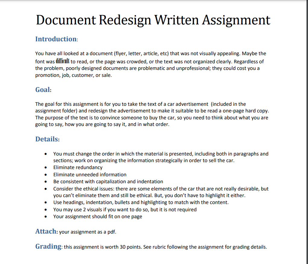 Document Redesign Written Assignment