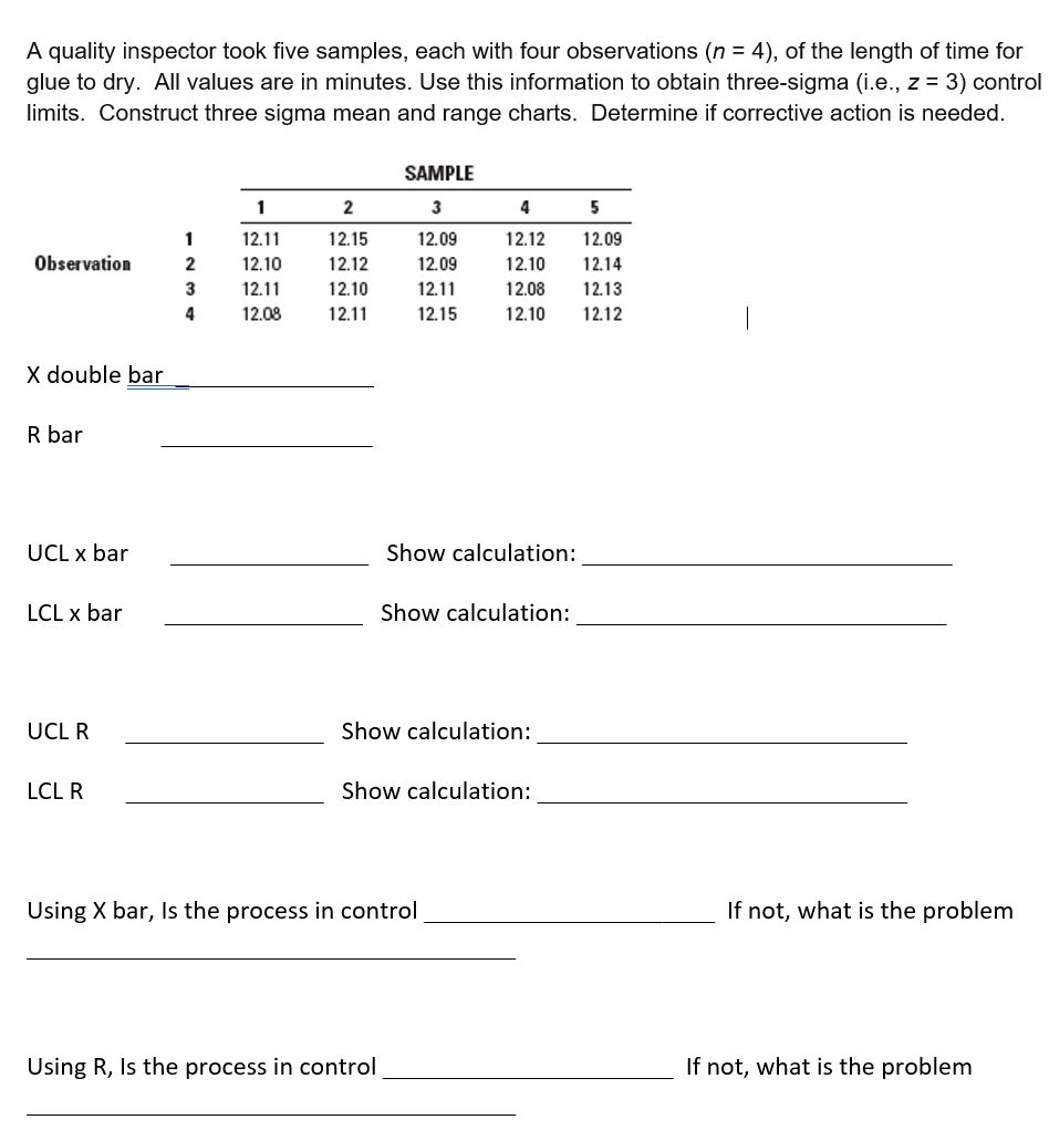 A quality inspector took five samples, each with