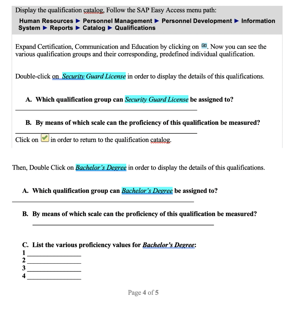 Display the qualification catalog, Follow the SAP