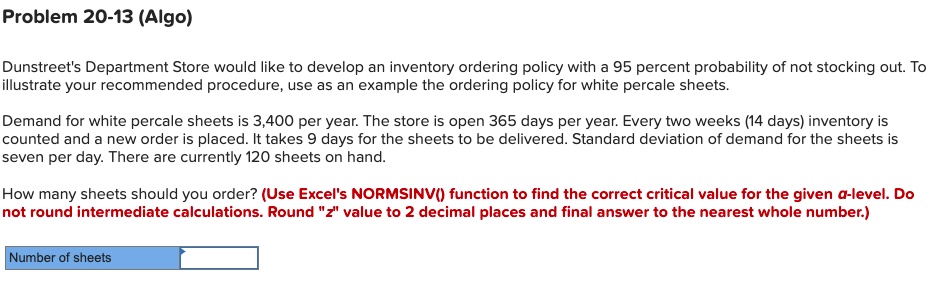 Problem 20-13 (Algo) Dunstreet's Department Store