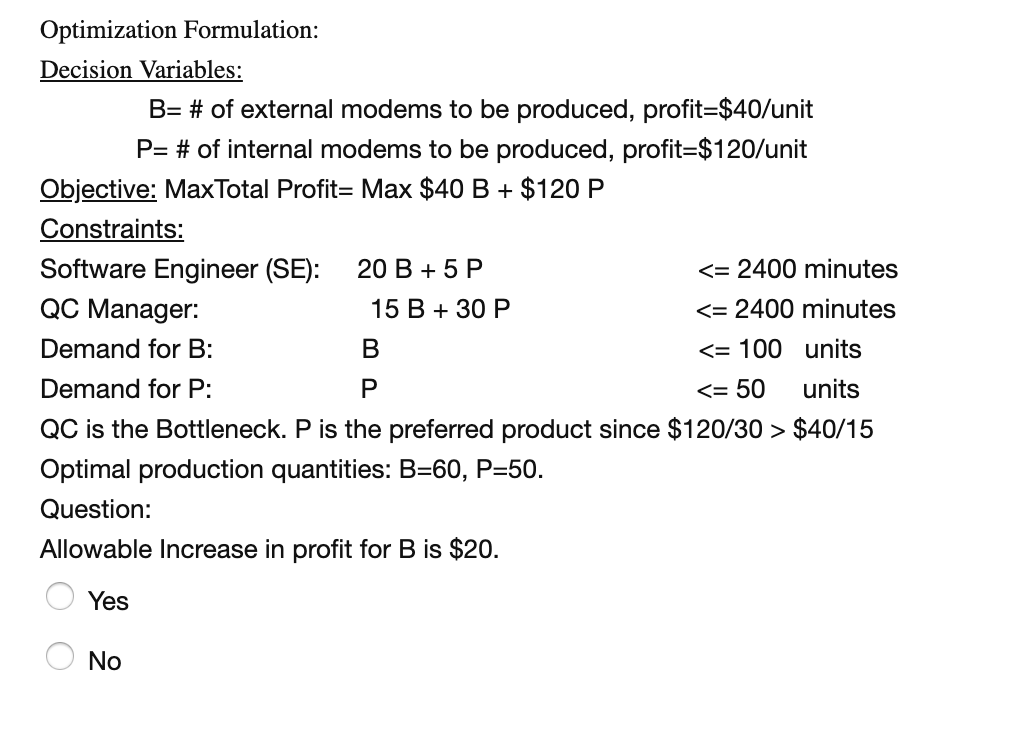 Optimization Formulation: Decision Variables: B=
