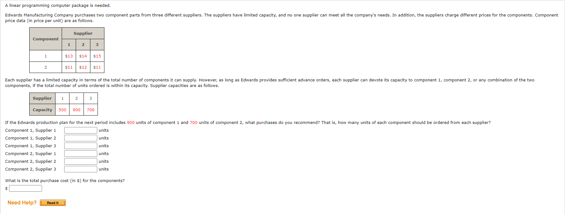 A linear programming computer package is needed.