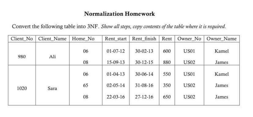Normalization Homework Convert the following