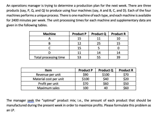 An operations manager is trying to determine a