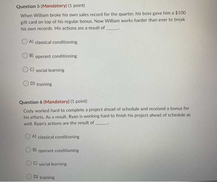 Question 5 (Mandatory) (1 point) When William