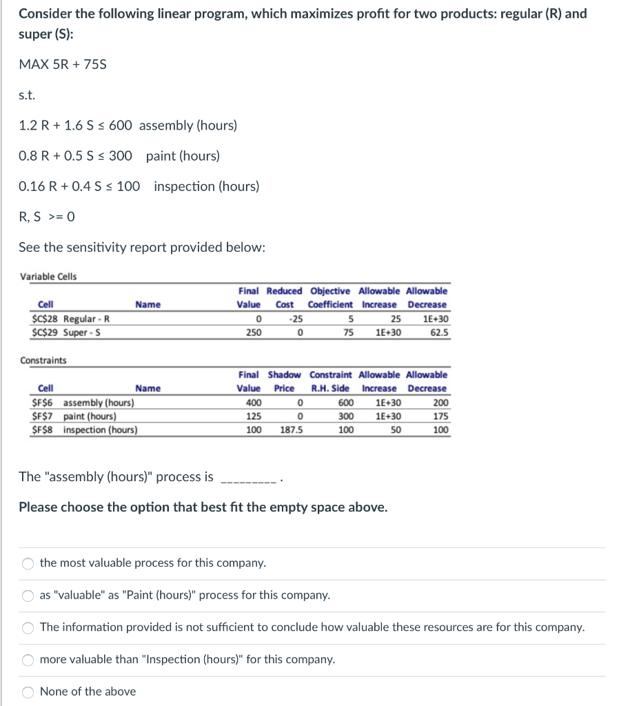 Consider the following linear program, which