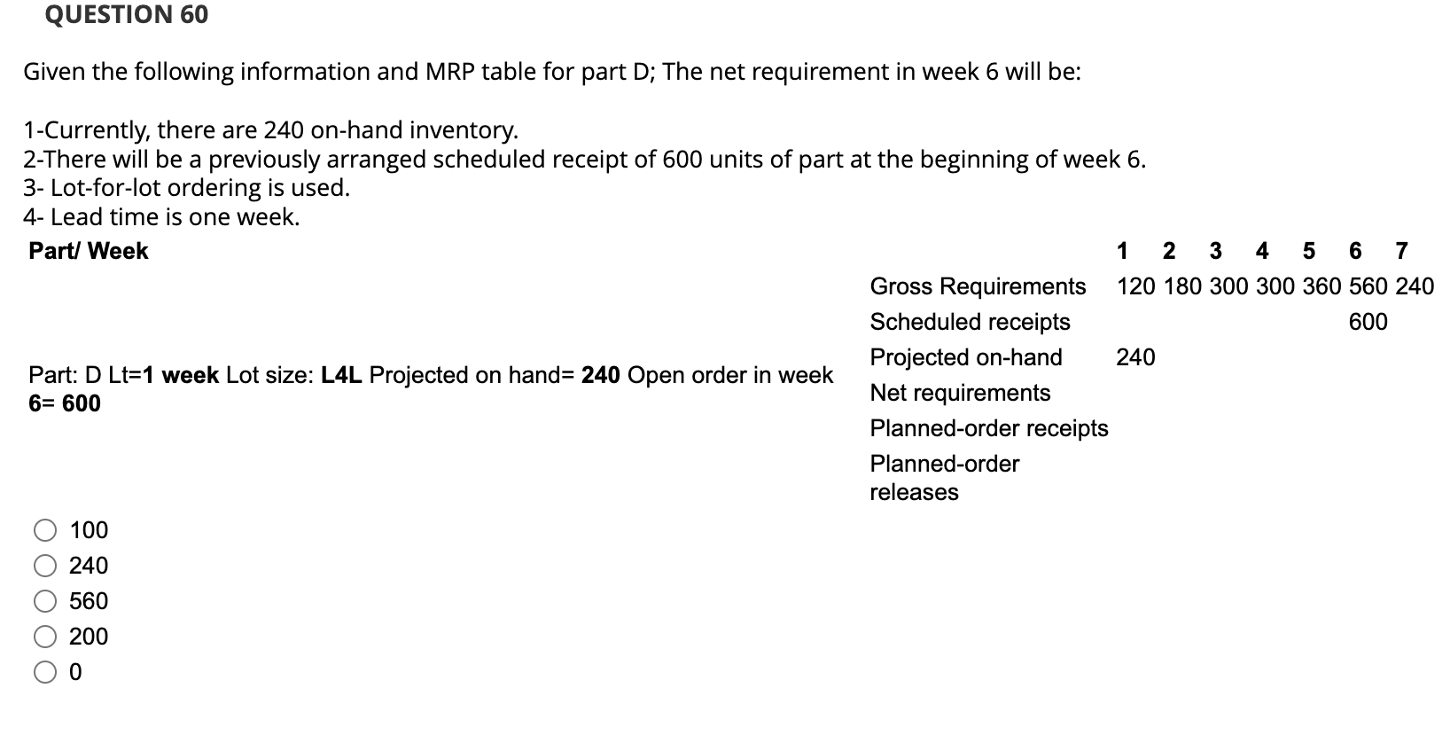 QUESTION 60 Given the following information and