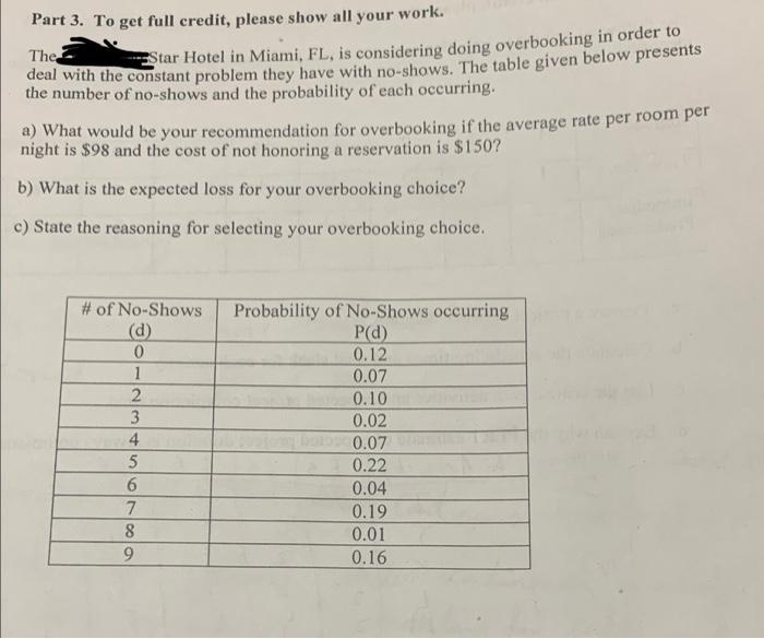 The star hotel Part 3. To get full credit, please