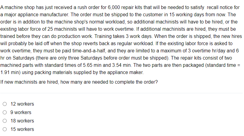 A machine shop has just received a rush order for