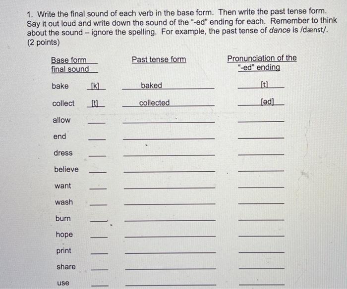 1. Write the final sound of each verb in the base