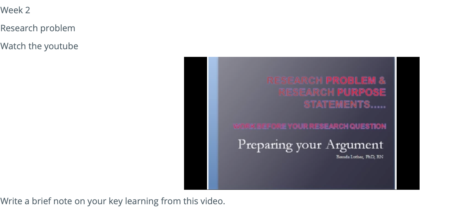 Week 2 Research problem Watch the youtube