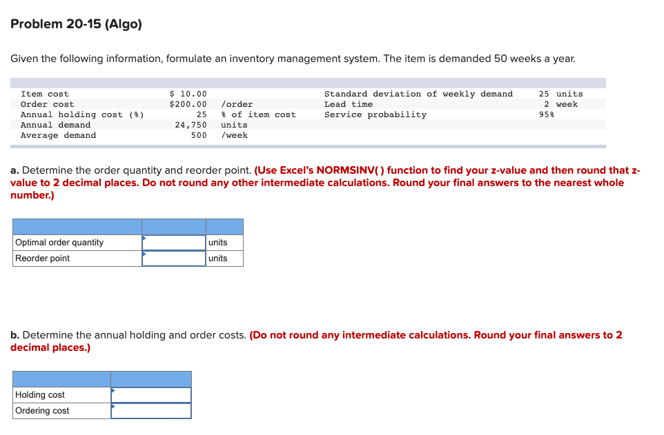 Problem 20-15 (Algo) Given the following