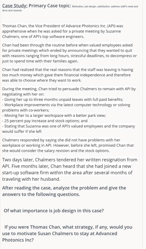 Case Study: Primary Case topic: Motivation, job