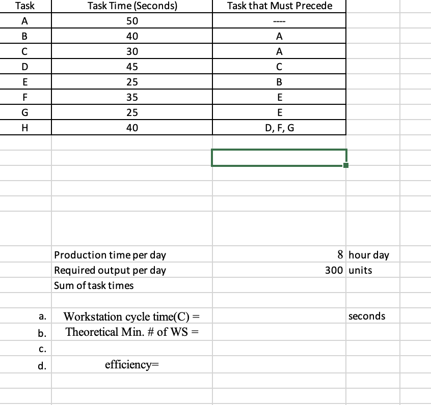 Please show equations. Task Task Time (Seconds)