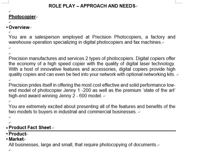 L ROLE PLAY - APPROACH AND NEEDS Photocopier
