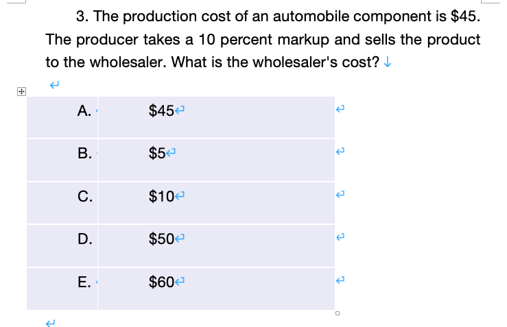 3. The production cost of an automobile component