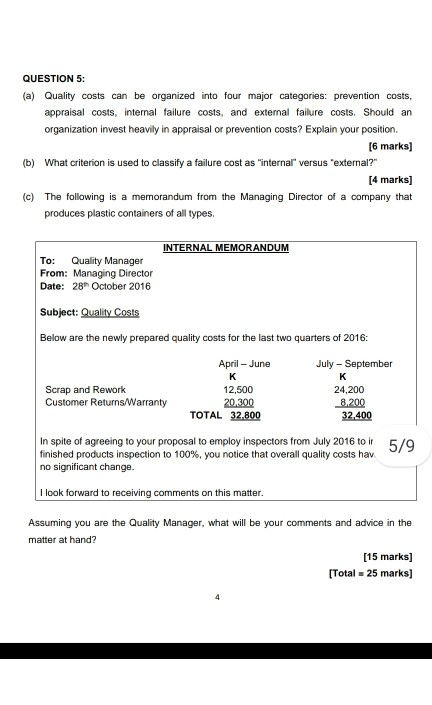 quality Management QUESTION 5: (a) Quality costs