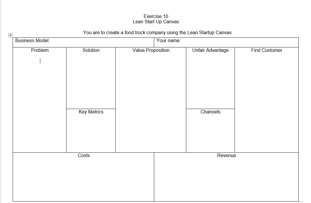 Exercise 10 Lean Start Up Canvas You are to