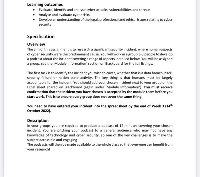 Learning outcomes - Evaluate, identify and