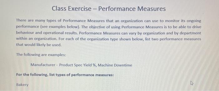 Class Exercise - Performance Measures There are