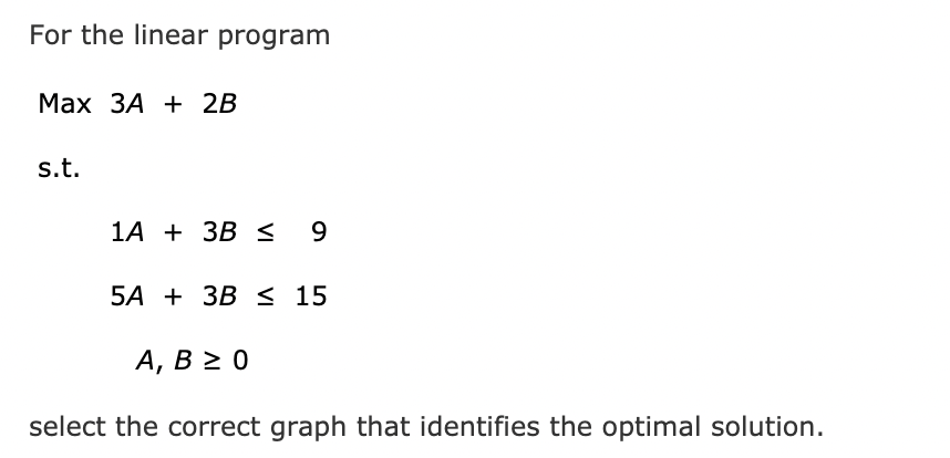 For the linear program Max 3A + 2B s.t. 1A + 3B <