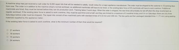 A machine shop has just received a rush order for