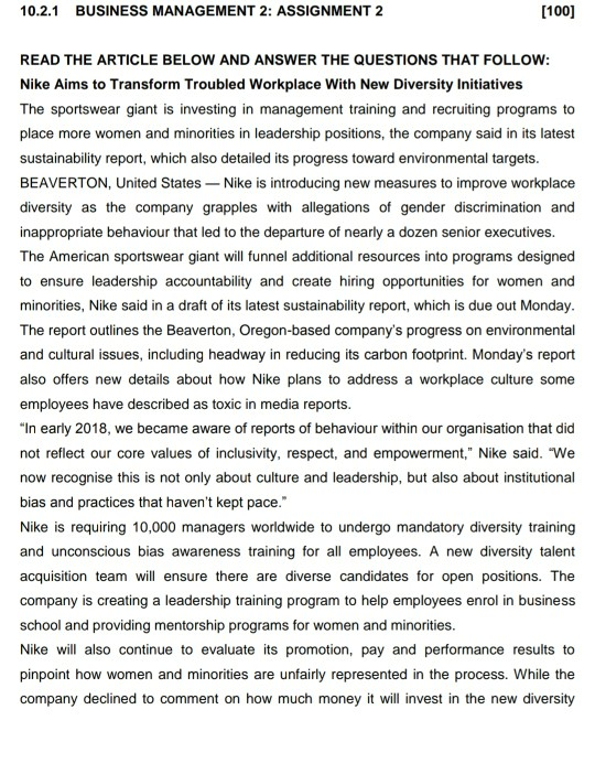 10.2.1 BUSINESS MANAGEMENT 2: ASSIGNMENT 2 [100]