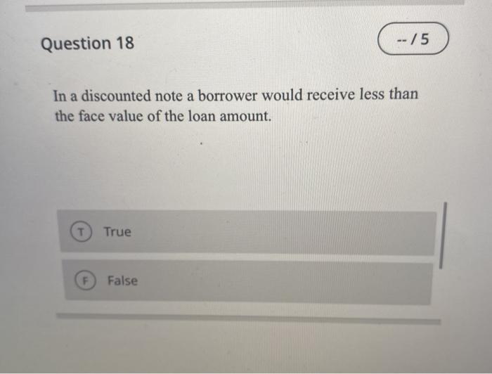 Question 18 -- /5 In a discounted note a borrower
