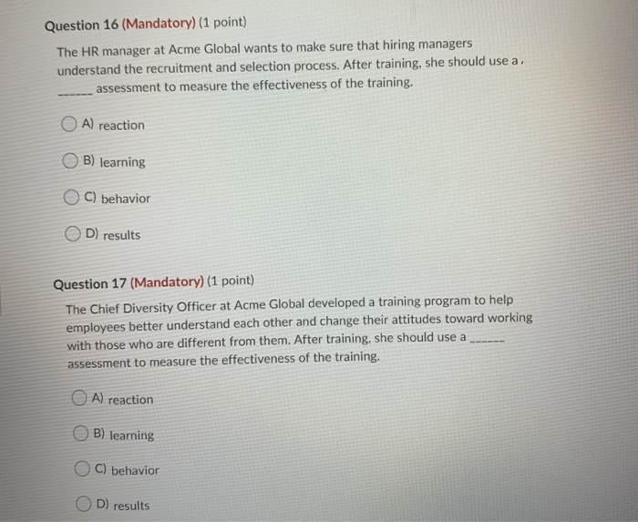 Question 13 (Mandatory) (1 point) Role-playing