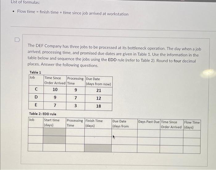 List of formulas: Flow time = finish time + time