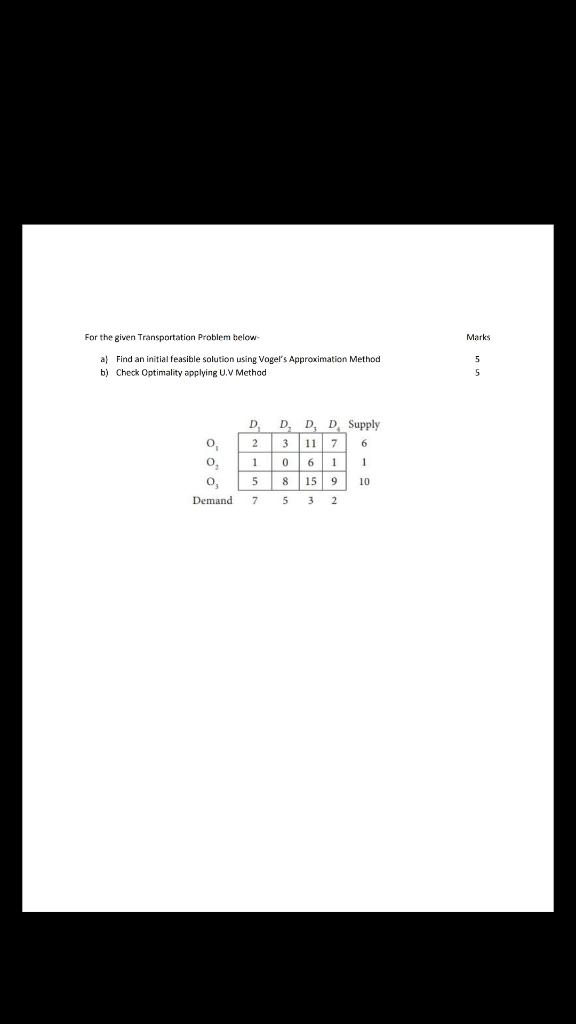 Marks For the given Transportation Problem below-