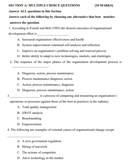 SECTION B: TRUE/FALSE QUESTIONS [10 MARKS] Answer
