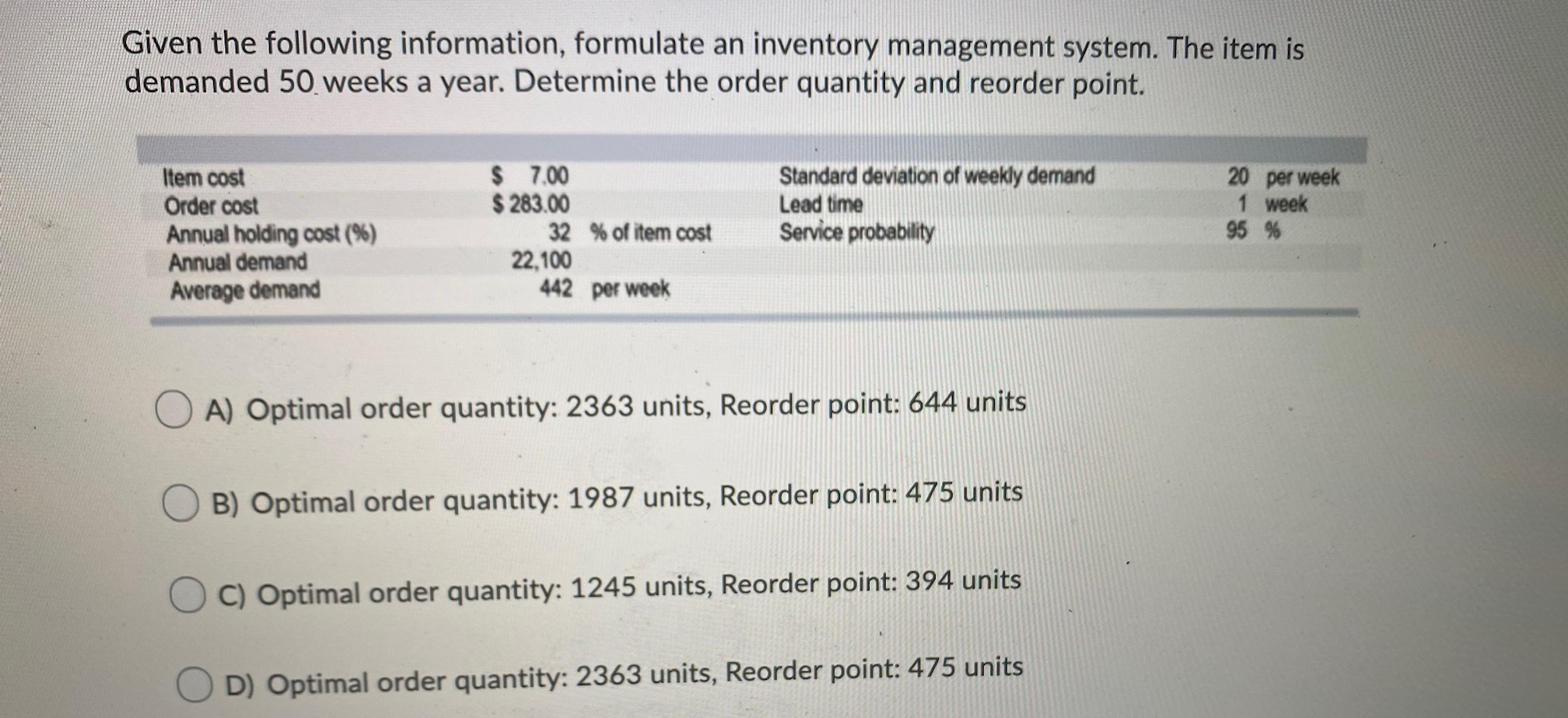 Given the following information, formulate an