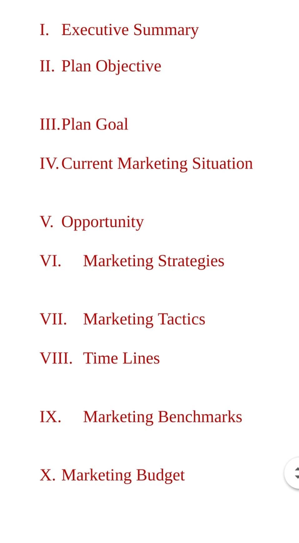 Create a Marketing Plane using this outline. I.